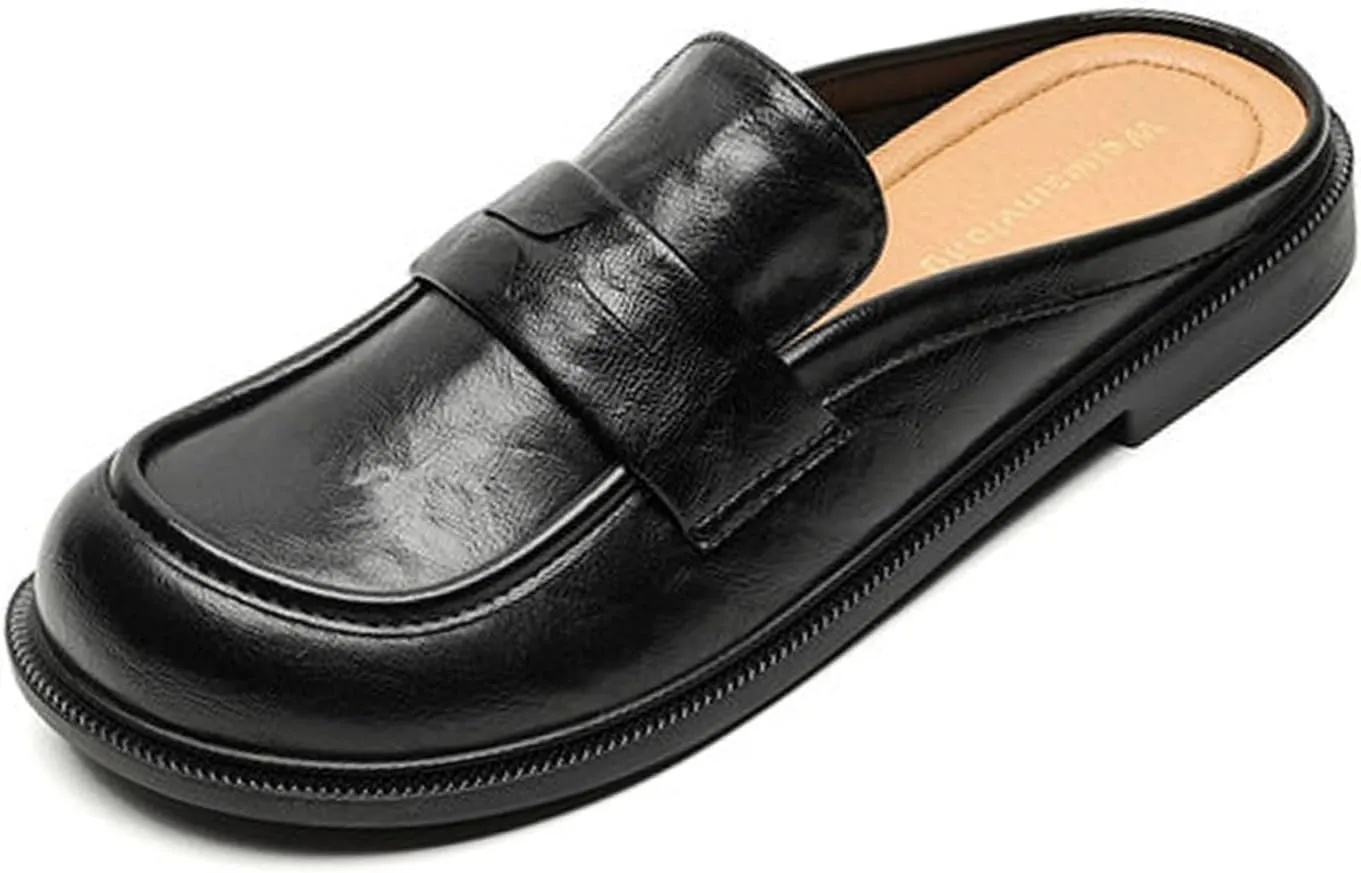 Women's Retro Leather Closed Toe Mules,Slip On Comfort Flat Loafers Fashion Casual Non-Slip Backless Slippers