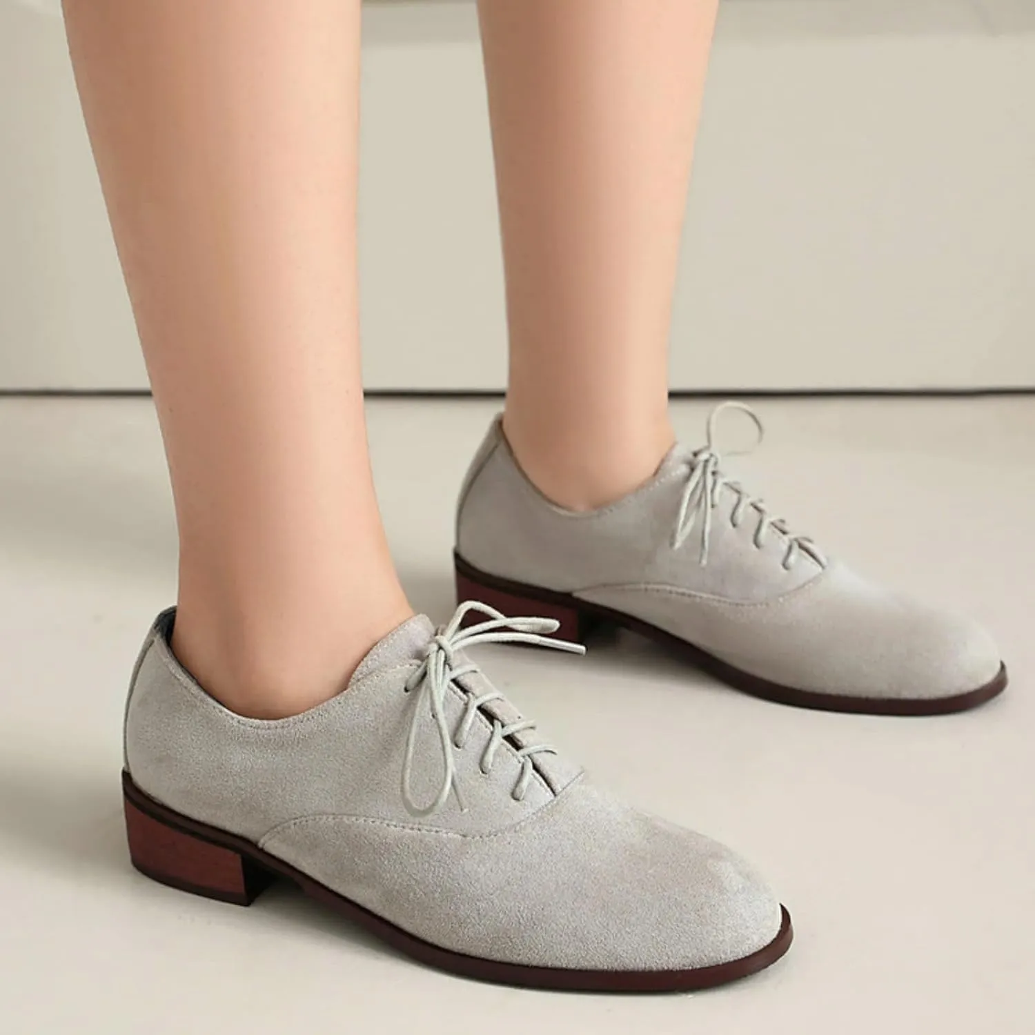 Women's Retro Round Toe Suede Lace Up Low Heels Block Brogues Oxfords Comfortable Non-Slip Business Work Office Dress Pumps Shoes