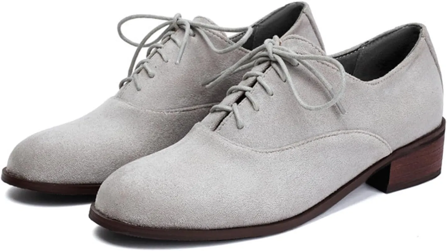 Women's Retro Round Toe Suede Lace Up Low Heels Block Brogues Oxfords Comfortable Non-Slip Business Work Office Dress Pumps Shoes