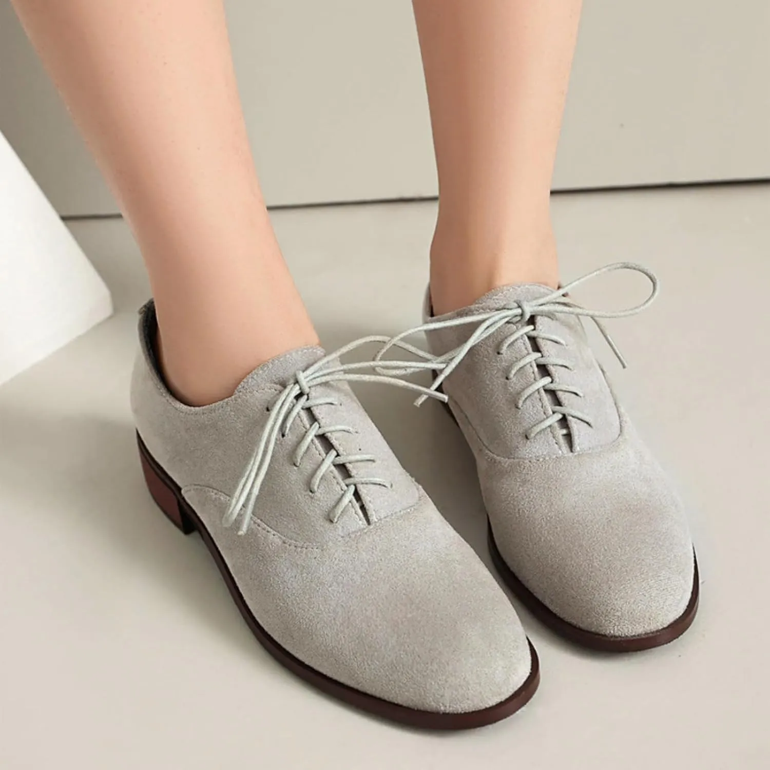 Women's Retro Round Toe Suede Lace Up Low Heels Block Brogues Oxfords Comfortable Non-Slip Business Work Office Dress Pumps Shoes