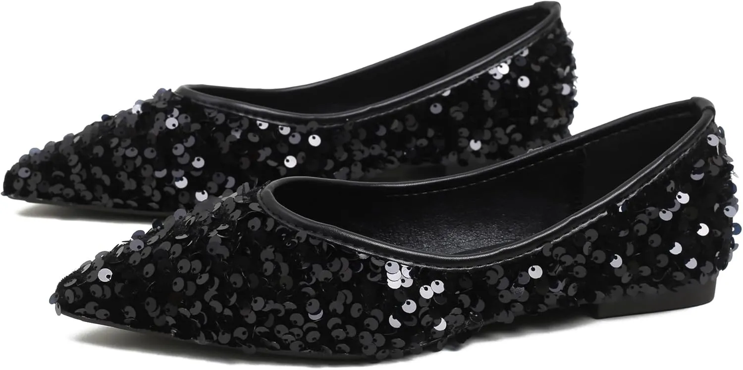 Women's Rhinestone Flats Elegant Bow Knot Glitter Ballet Flats Dress Pearl Wedding Shoes Pointed Toe Slip On Loafers for Women