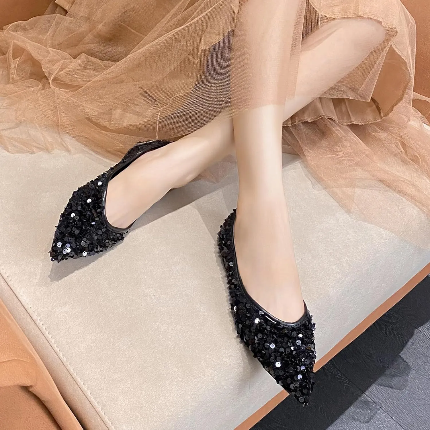 Women's Rhinestone Flats Elegant Bow Knot Glitter Ballet Flats Dress Pearl Wedding Shoes Pointed Toe Slip On Loafers for Women