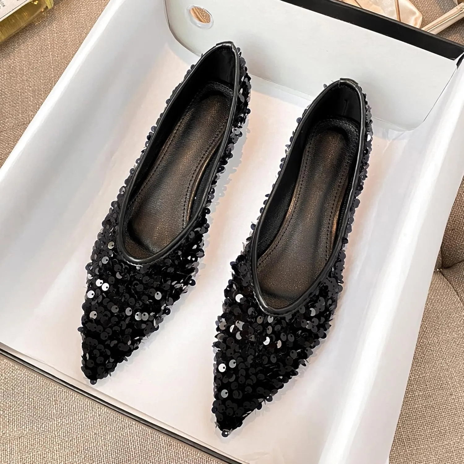 Women's Rhinestone Flats Elegant Bow Knot Glitter Ballet Flats Dress Pearl Wedding Shoes Pointed Toe Slip On Loafers for Women