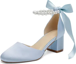 Women's Round Toe Satin Wedding Shoes Chunky Block Heels with Pearls Bridal Pumps Ankle Strap Prom Evening Party Shoes Sandal