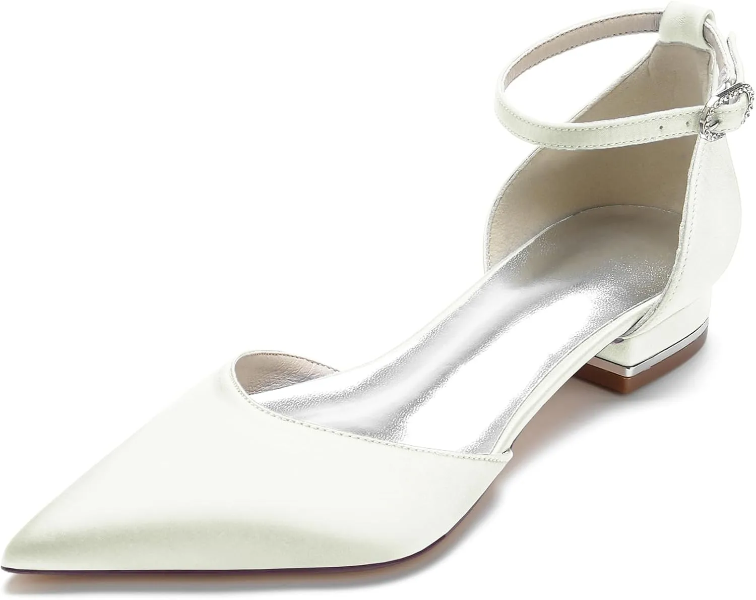 Womens Satin Bridal Wedding Shoes Pointed Toe Ballet Flats Ankle Strap Closed Toe Party Dress Sandals