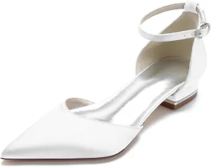 Womens Satin Bridal Wedding Shoes Pointed Toe Ballet Flats Ankle Strap Closed Toe Party Dress Sandals