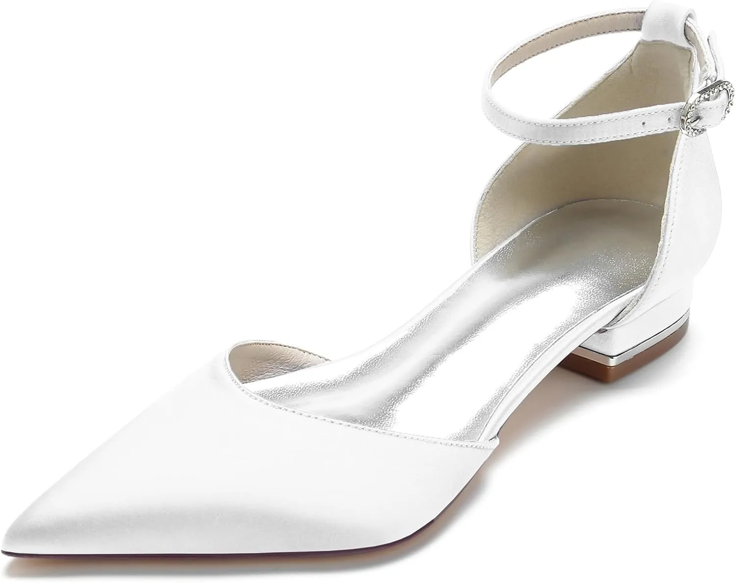 Womens Satin Bridal Wedding Shoes Pointed Toe Ballet Flats Ankle Strap Closed Toe Party Dress Sandals