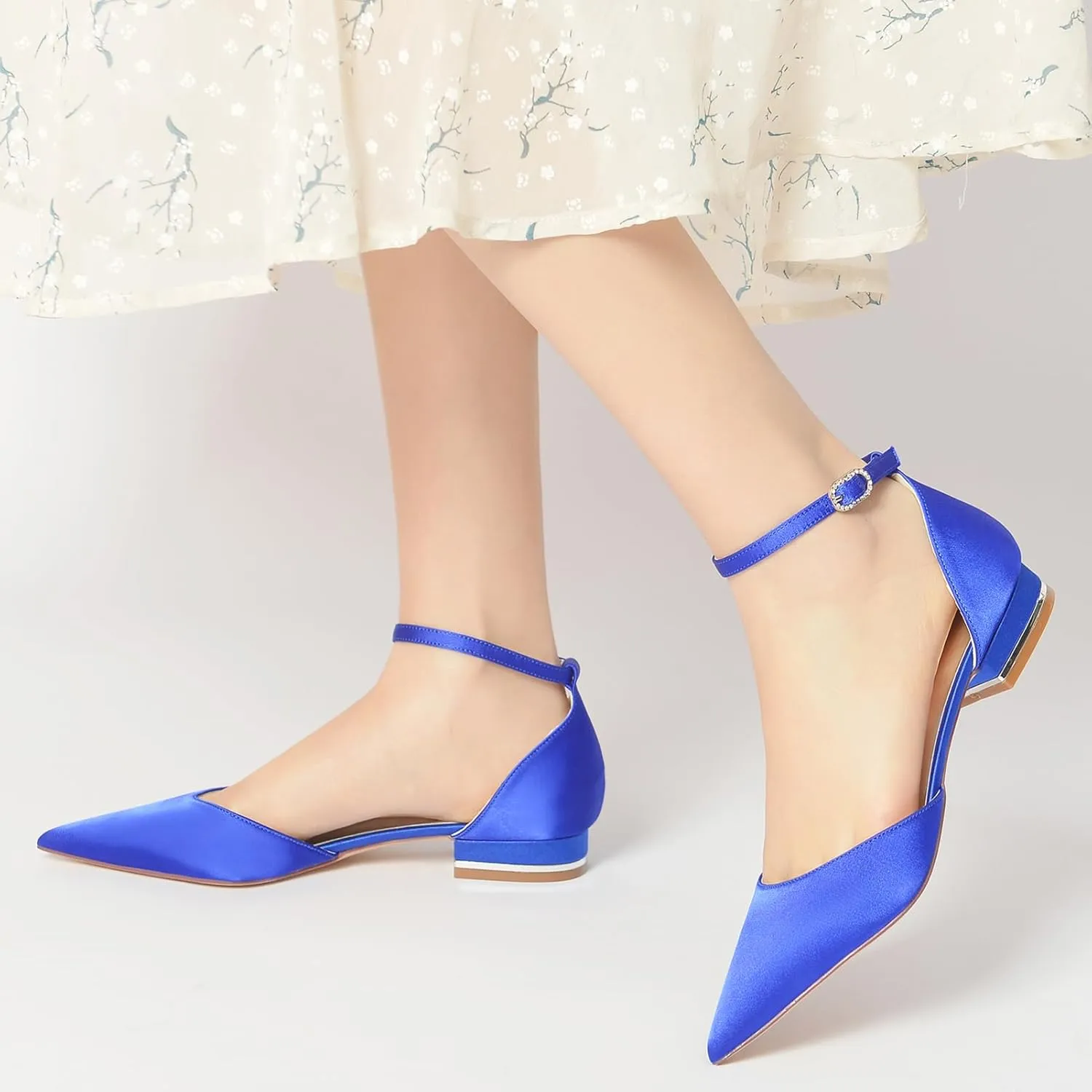Womens Satin Bridal Wedding Shoes Pointed Toe Ballet Flats Ankle Strap Closed Toe Party Dress Sandals