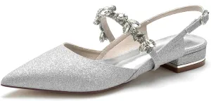 Womens Satin Rhinestone Slingback Wedding Flats Low Heel Closed Toe Pointed Toe Bridal Shoes Glitter Evening Dress Shoes