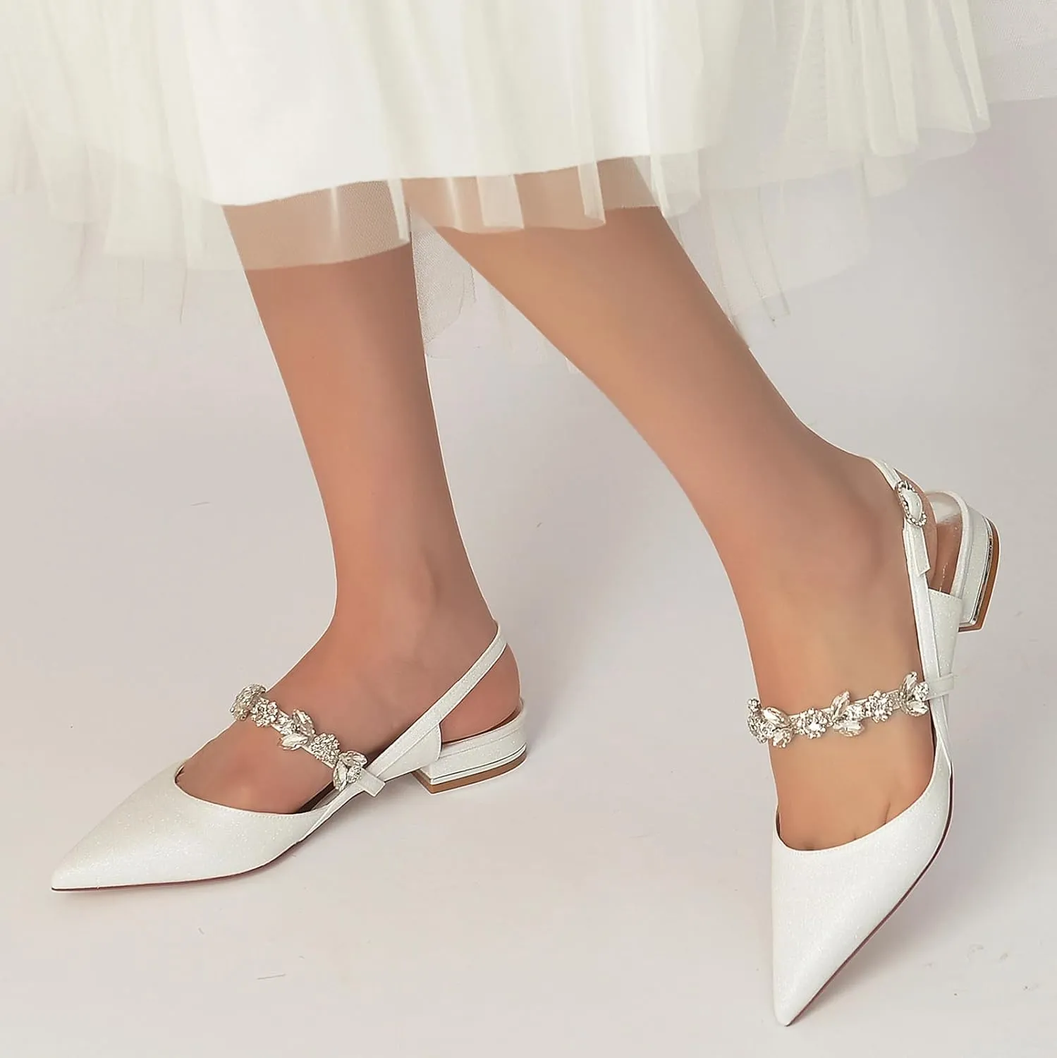 Womens Satin Rhinestone Slingback Wedding Flats Low Heel Closed Toe Pointed Toe Bridal Shoes Glitter Evening Dress Shoes
