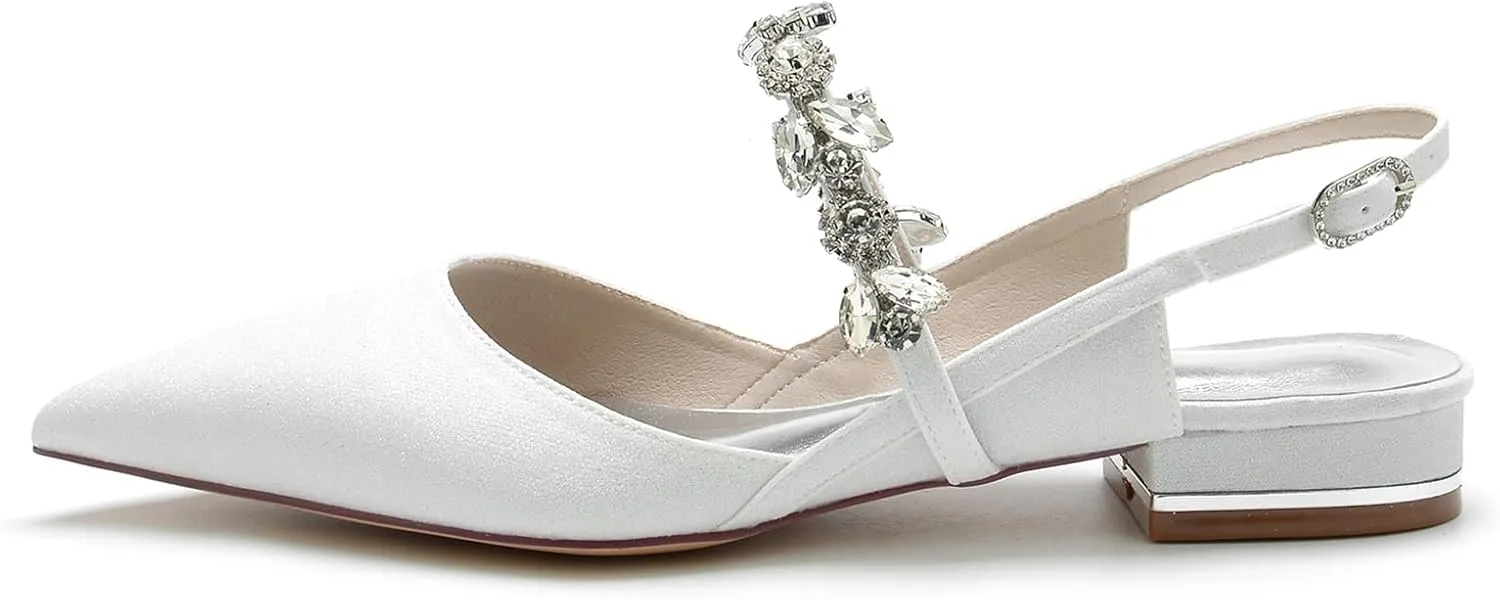 Womens Satin Rhinestone Slingback Wedding Flats Low Heel Closed Toe Pointed Toe Bridal Shoes Glitter Evening Dress Shoes