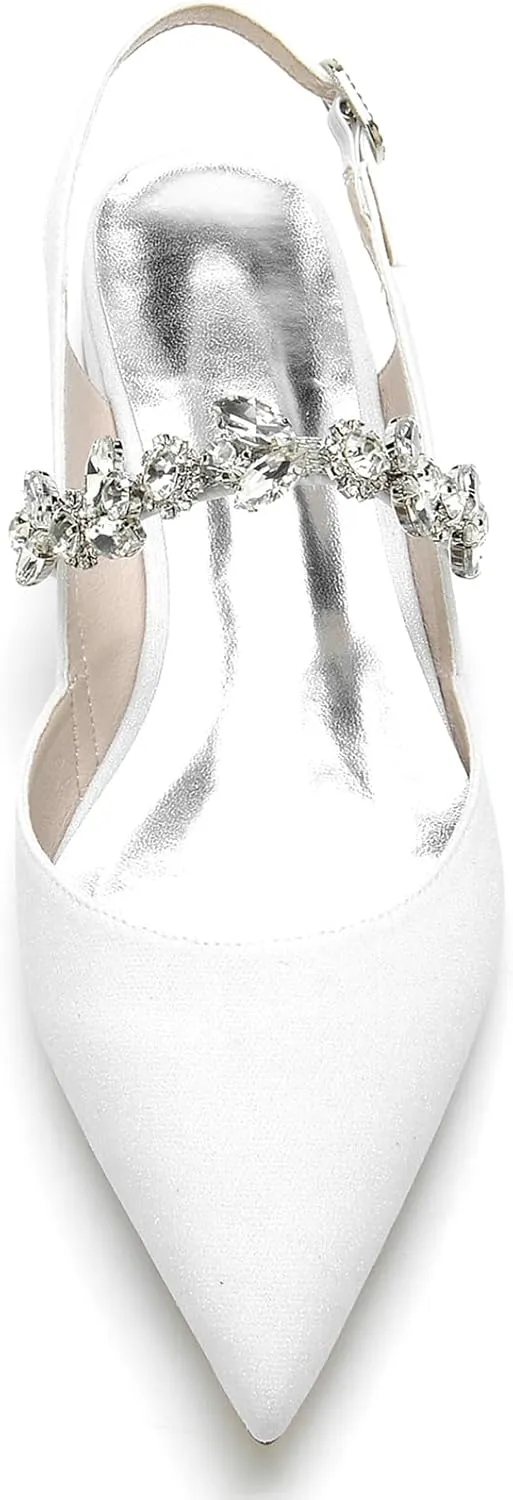 Womens Satin Rhinestone Slingback Wedding Flats Low Heel Closed Toe Pointed Toe Bridal Shoes Glitter Evening Dress Shoes