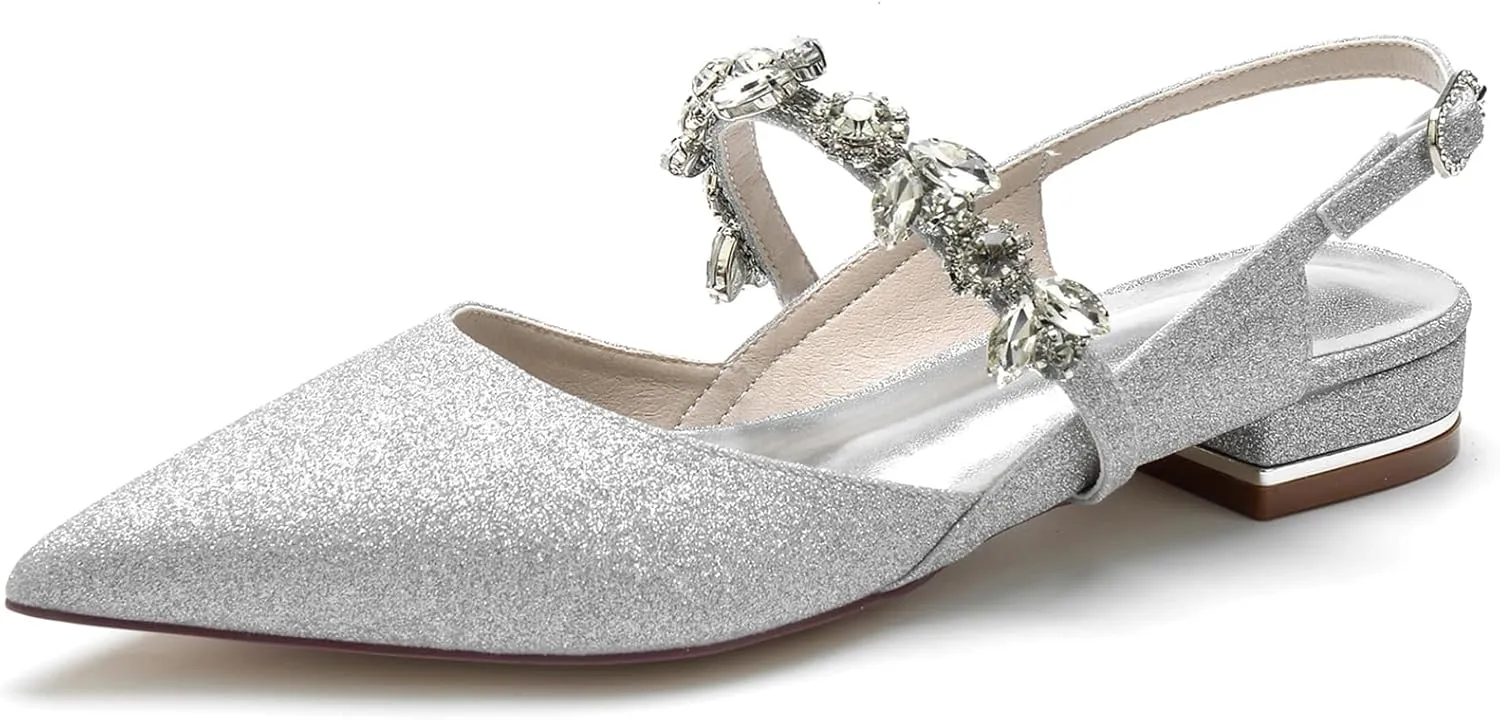 Womens Satin Rhinestone Slingback Wedding Flats Low Heel Closed Toe Pointed Toe Bridal Shoes Glitter Evening Dress Shoes