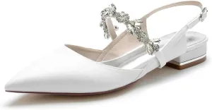 Womens Satin Rhinestone Slingback Wedding Flats Low Heel Closed Toe Pointed Toe Bridal Shoes Glitter Evening Dress Shoes