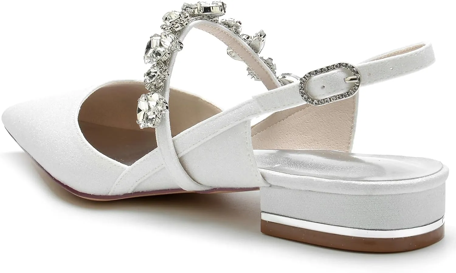 Womens Satin Rhinestone Slingback Wedding Flats Low Heel Closed Toe Pointed Toe Bridal Shoes Glitter Evening Dress Shoes