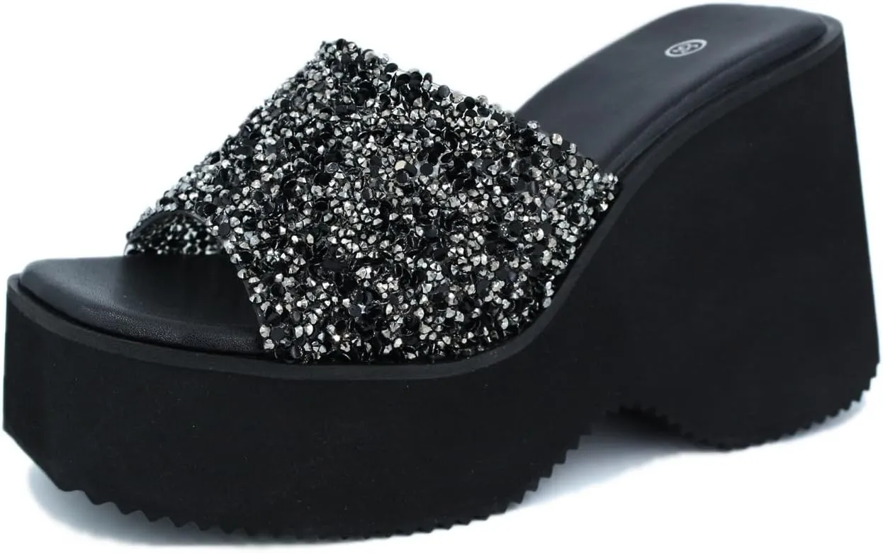 Women'S Sequin Round Open Toe Platform chunky heel Slide Sandals Fashion Glitter Slip On Comfortable Wedge Dress Mule Sandals Summer Outdoor Casual Anti-Slip Beach Walking Slipper Shoes
