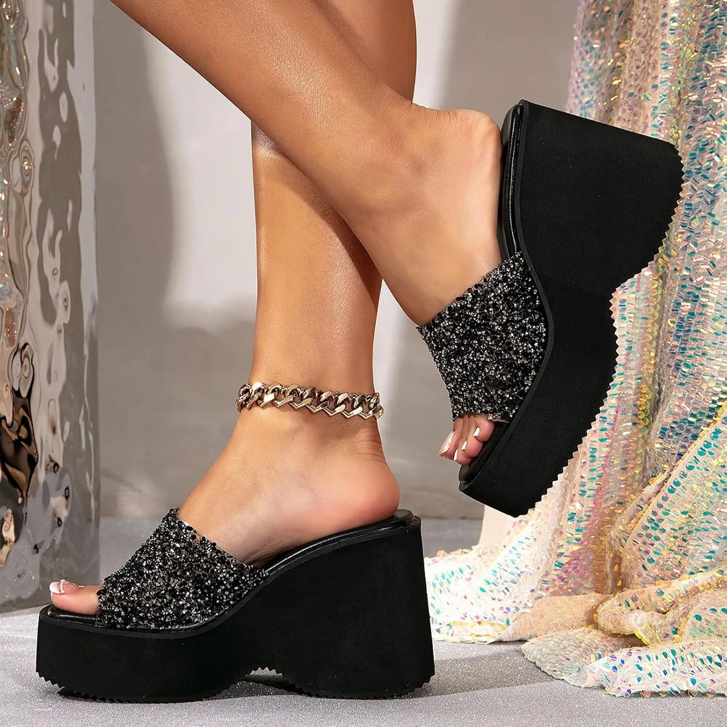 Women'S Sequin Round Open Toe Platform chunky heel Slide Sandals Fashion Glitter Slip On Comfortable Wedge Dress Mule Sandals Summer Outdoor Casual Anti-Slip Beach Walking Slipper Shoes