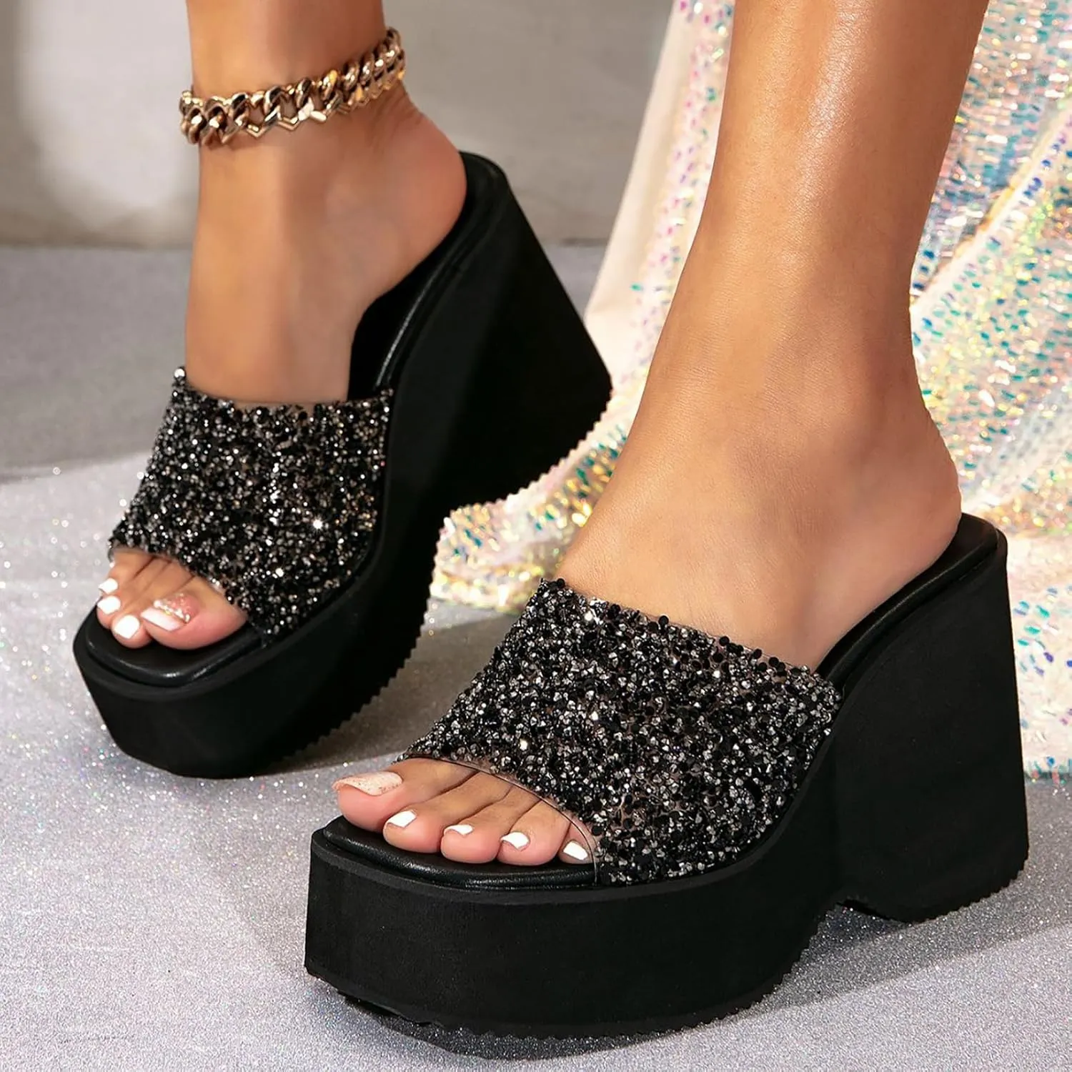 Women'S Sequin Round Open Toe Platform chunky heel Slide Sandals Fashion Glitter Slip On Comfortable Wedge Dress Mule Sandals Summer Outdoor Casual Anti-Slip Beach Walking Slipper Shoes