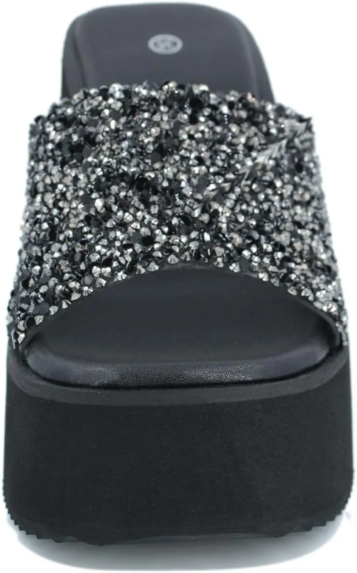 Women'S Sequin Round Open Toe Platform chunky heel Slide Sandals Fashion Glitter Slip On Comfortable Wedge Dress Mule Sandals Summer Outdoor Casual Anti-Slip Beach Walking Slipper Shoes