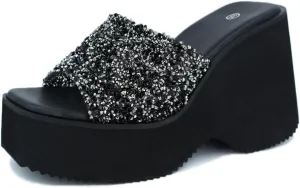 Women'S Sequin Round Open Toe Platform chunky heel Slide Sandals Fashion Glitter Slip On Comfortable Wedge Dress Mule Sandals Summer Outdoor Casual Anti-Slip Beach Walking Slipper Shoes
