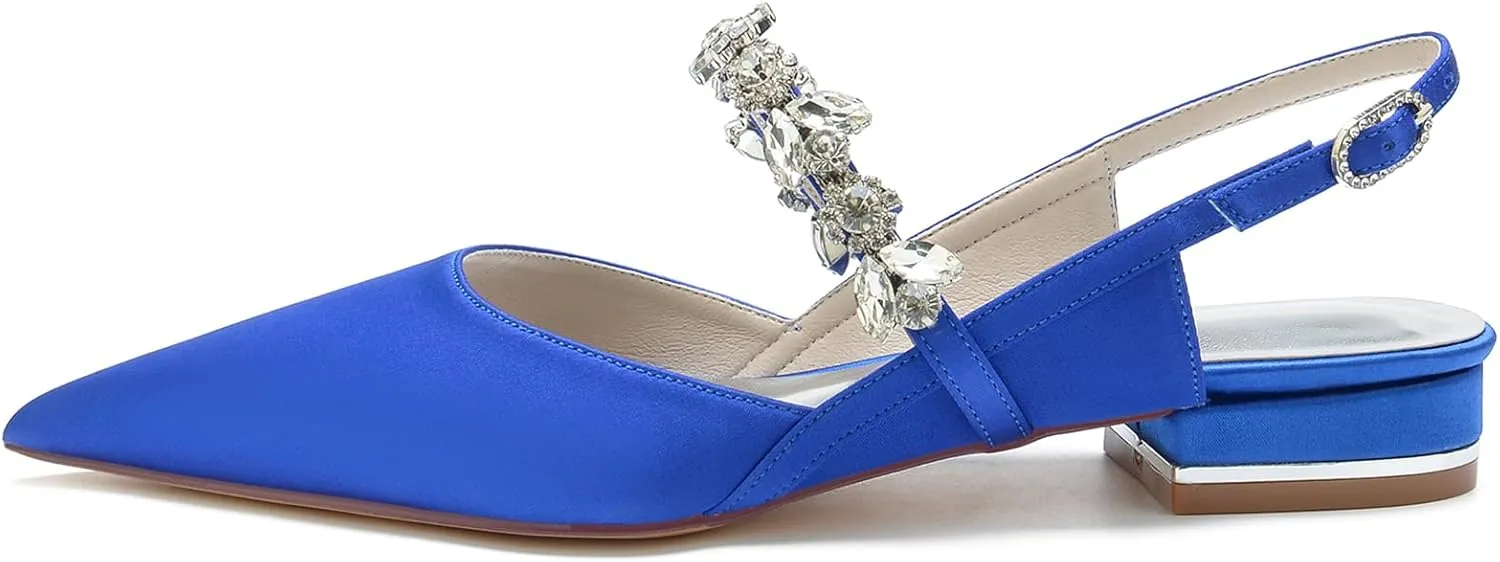 Women's Slingback Satin Wedding Flats Rhinestone Bridal Shoes Pointed Toe Prom Evening Bridal Party Dress Flats