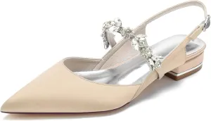 Women's Slingback Satin Wedding Flats Rhinestone Bridal Shoes Pointed Toe Prom Evening Bridal Party Dress Flats