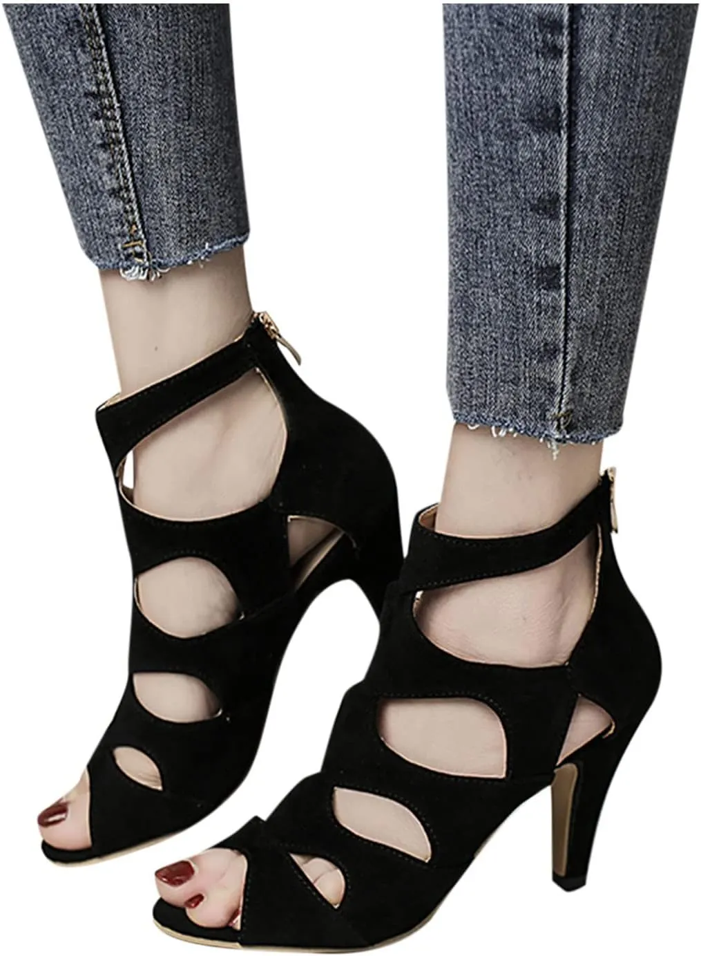 Womens Snake Pattern Stilettos Sandals Fashion Back Zipper Fish Mouth Hollow Open Toe High Heels Shoes Summer Comfortable Casual Roman Sandalias