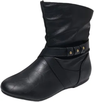 Women's Studded Ankle Booties - Low Heel Round Toe Casual Boots with Metal Decor, Comfortable Slip-On Flat Boots for Everyday Wear