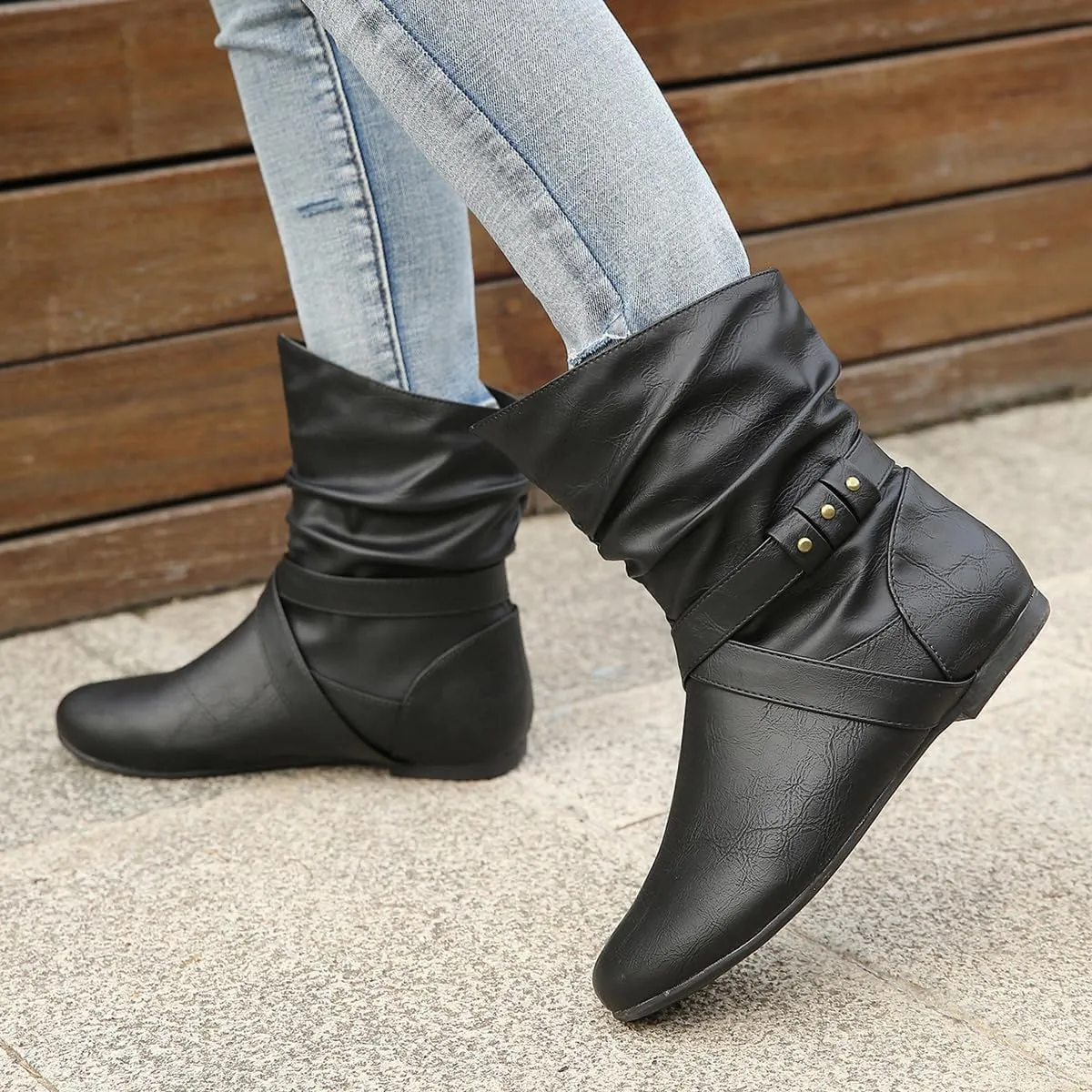 Women's Studded Ankle Booties - Low Heel Round Toe Casual Boots with Metal Decor, Comfortable Slip-On Flat Boots for Everyday Wear