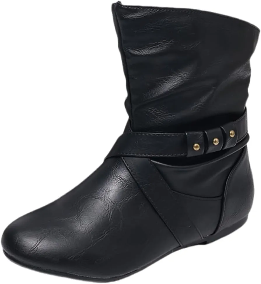 Women's Studded Ankle Booties - Low Heel Round Toe Casual Boots with Metal Decor, Comfortable Slip-On Flat Boots for Everyday Wear