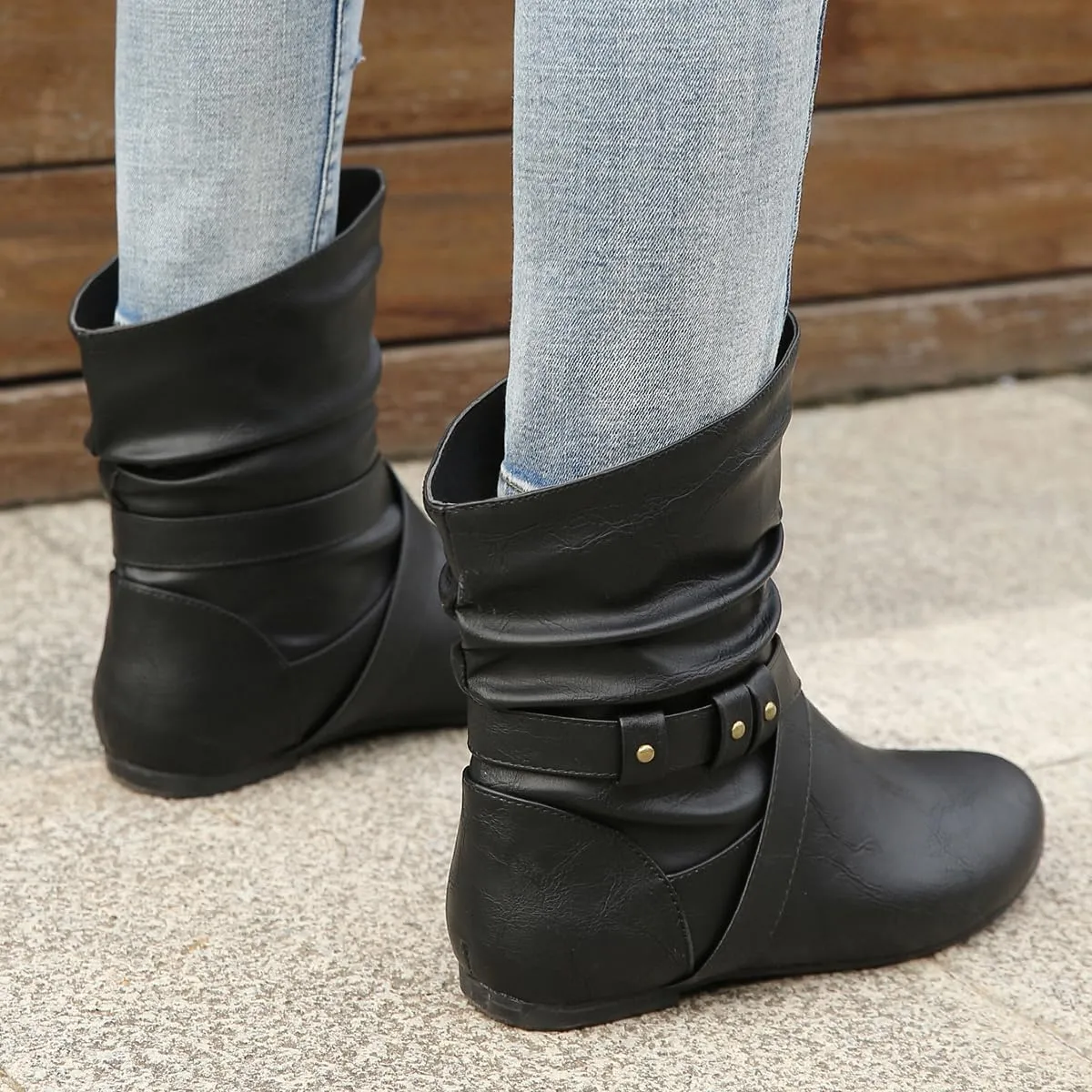 Women's Studded Ankle Booties - Low Heel Round Toe Casual Boots with Metal Decor, Comfortable Slip-On Flat Boots for Everyday Wear