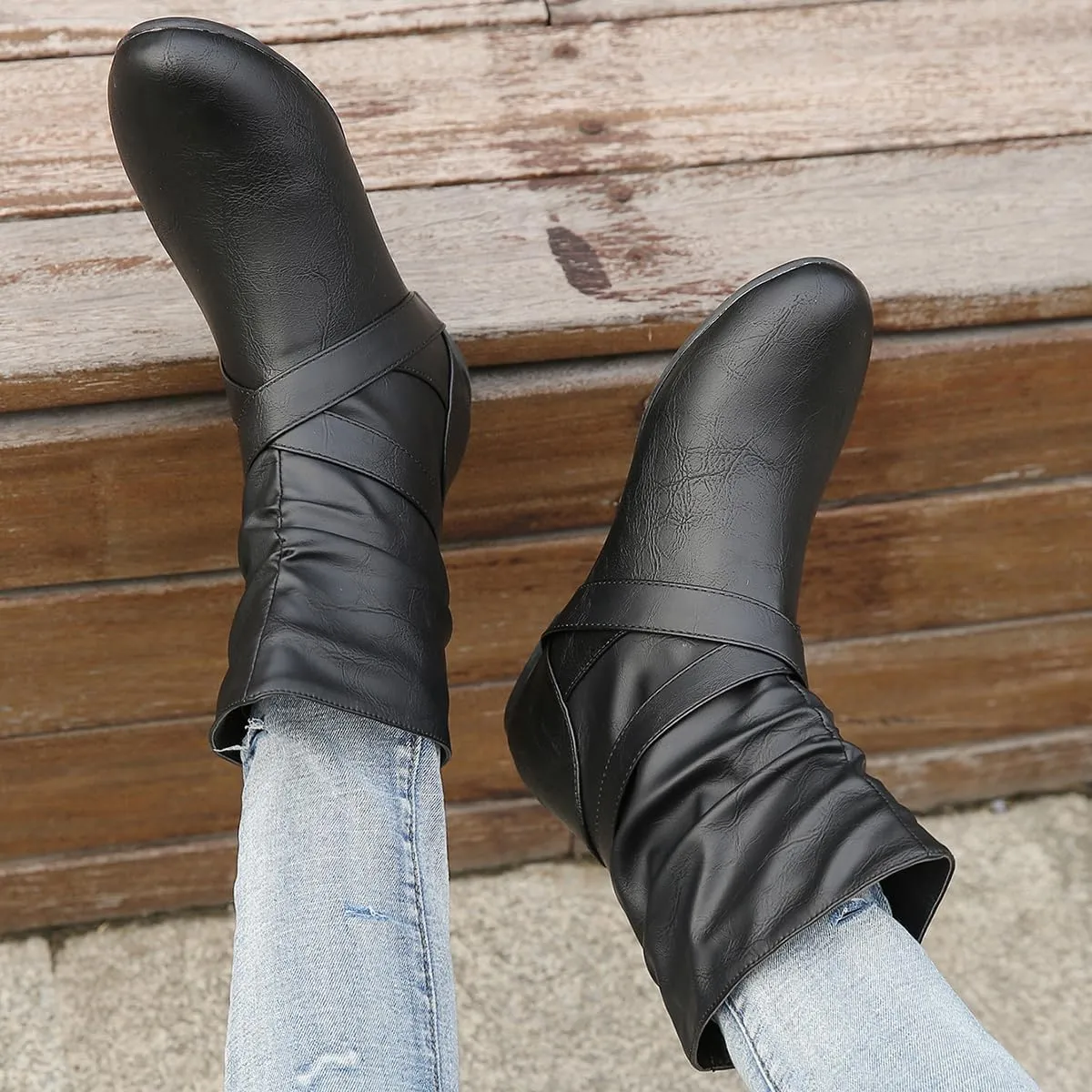 Women's Studded Ankle Booties - Low Heel Round Toe Casual Boots with Metal Decor, Comfortable Slip-On Flat Boots for Everyday Wear