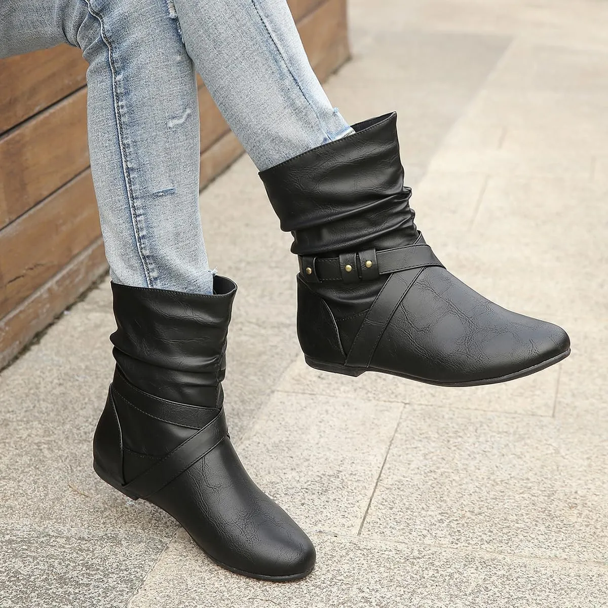 Women's Studded Ankle Booties - Low Heel Round Toe Casual Boots with Metal Decor, Comfortable Slip-On Flat Boots for Everyday Wear