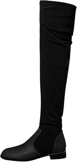 Women's Suede Over The Knee Flat Boots Fashion Splice Round Toe Stretch Side Zipper Boots Comfortable Waterproof Non Slip Outdoor Shoes