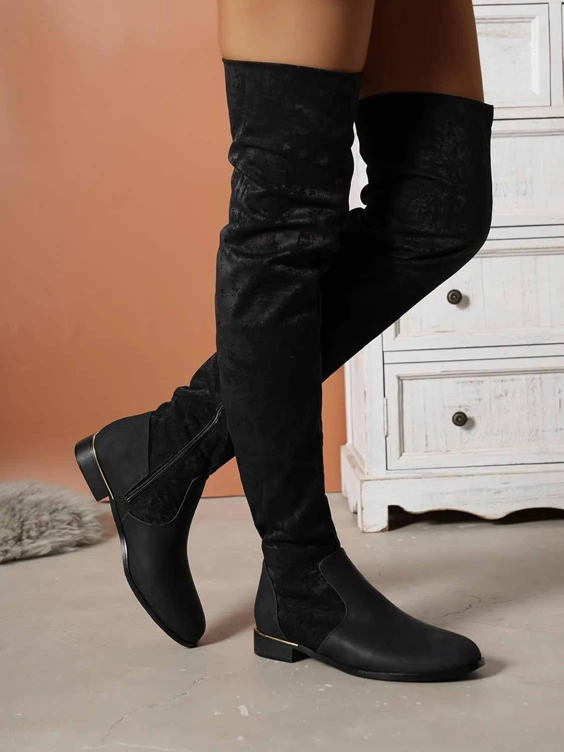 Women's Suede Over The Knee Flat Boots Fashion Splice Round Toe Stretch Side Zipper Boots Comfortable Waterproof Non Slip Outdoor Shoes
