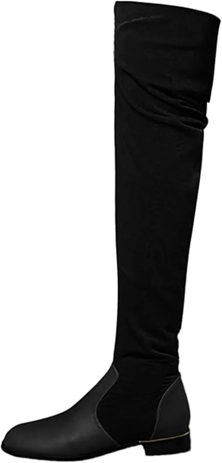 Women's Suede Over The Knee Flat Boots Fashion Splice Round Toe Stretch Side Zipper Boots Comfortable Waterproof Non Slip Outdoor Shoes