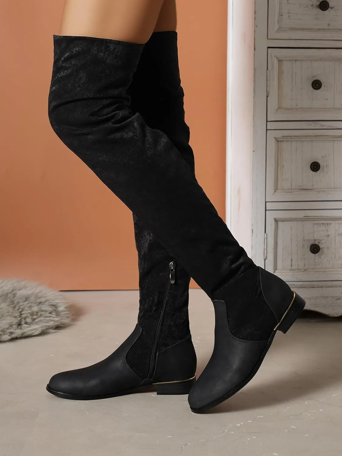Women's Suede Over The Knee Flat Boots Fashion Splice Round Toe Stretch Side Zipper Boots Comfortable Waterproof Non Slip Outdoor Shoes