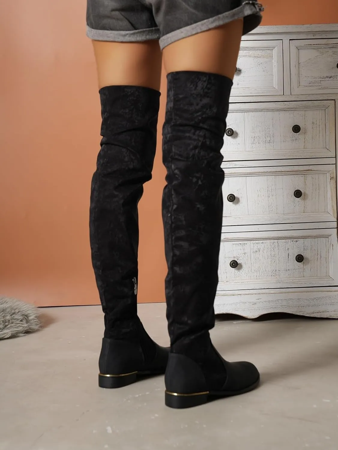 Women's Suede Over The Knee Flat Boots Fashion Splice Round Toe Stretch Side Zipper Boots Comfortable Waterproof Non Slip Outdoor Shoes