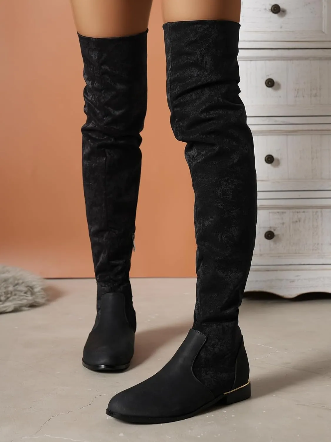 Women's Suede Over The Knee Flat Boots Fashion Splice Round Toe Stretch Side Zipper Boots Comfortable Waterproof Non Slip Outdoor Shoes