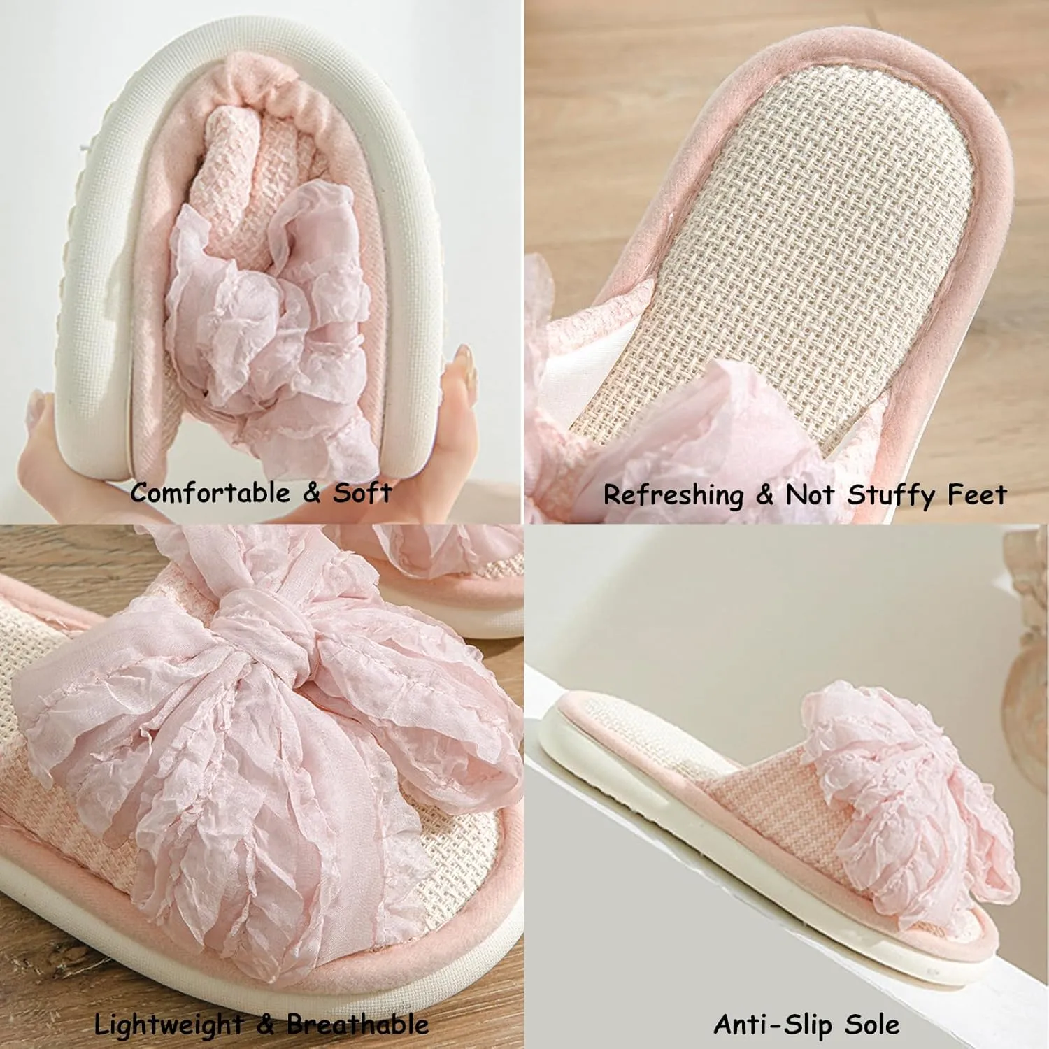 Women's Summer Linen Bow Slippers, Breathable Open-Toe Indoor Home Slides, Memory Foam Flat Sandals, Cute Bow Slip on Slippers, Fashionable Round Toe House Shoes
