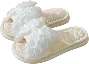 Women's Summer Linen Bow Slippers, Breathable Open-Toe Indoor Home Slides, Memory Foam Flat Sandals, Cute Bow Slip on Slippers, Fashionable Round Toe House Shoes