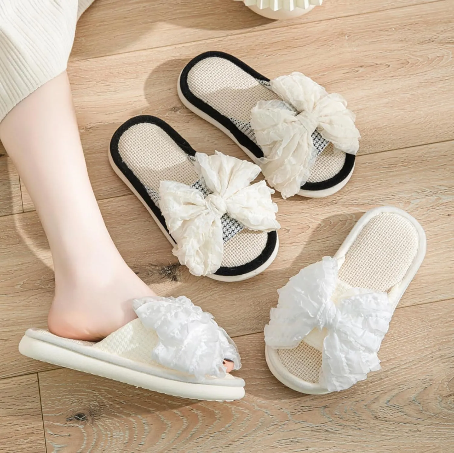 Women's Summer Linen Bow Slippers, Breathable Open-Toe Indoor Home Slides, Memory Foam Flat Sandals, Cute Bow Slip on Slippers, Fashionable Round Toe House Shoes