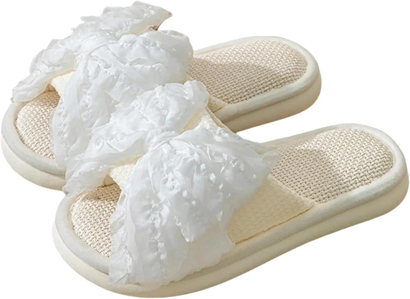 Women's Summer Linen Bow Slippers, Breathable Open-Toe Indoor Home Slides, Memory Foam Flat Sandals, Cute Bow Slip on Slippers, Fashionable Round Toe House Shoes