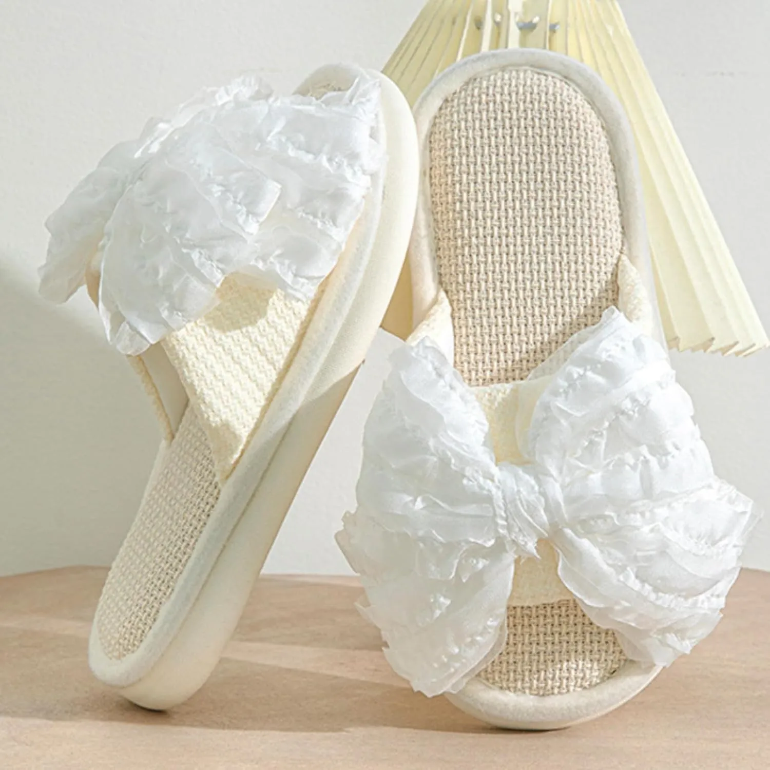 Women's Summer Linen Bow Slippers, Breathable Open-Toe Indoor Home Slides, Memory Foam Flat Sandals, Cute Bow Slip on Slippers, Fashionable Round Toe House Shoes