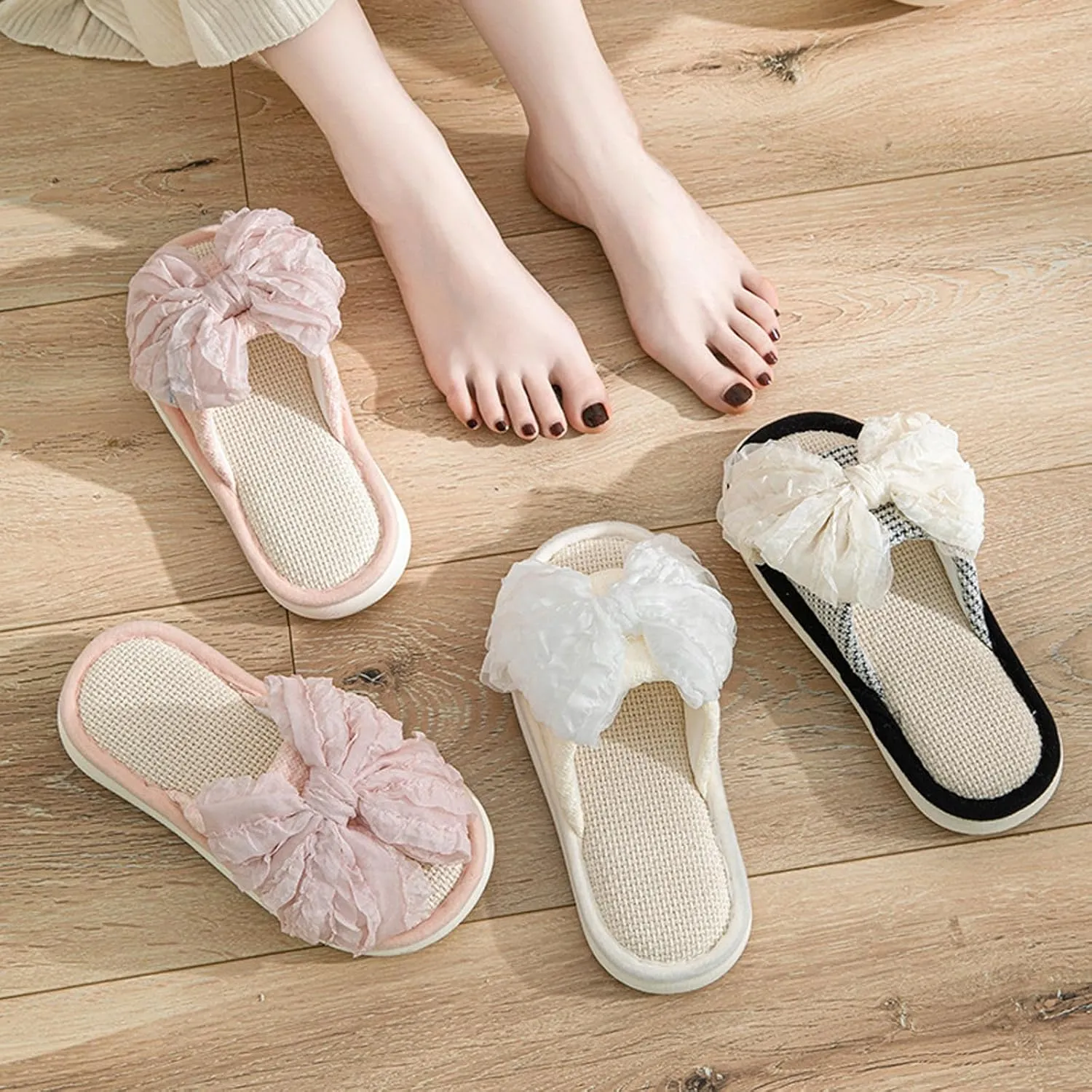 Women's Summer Linen Bow Slippers, Breathable Open-Toe Indoor Home Slides, Memory Foam Flat Sandals, Cute Bow Slip on Slippers, Fashionable Round Toe House Shoes