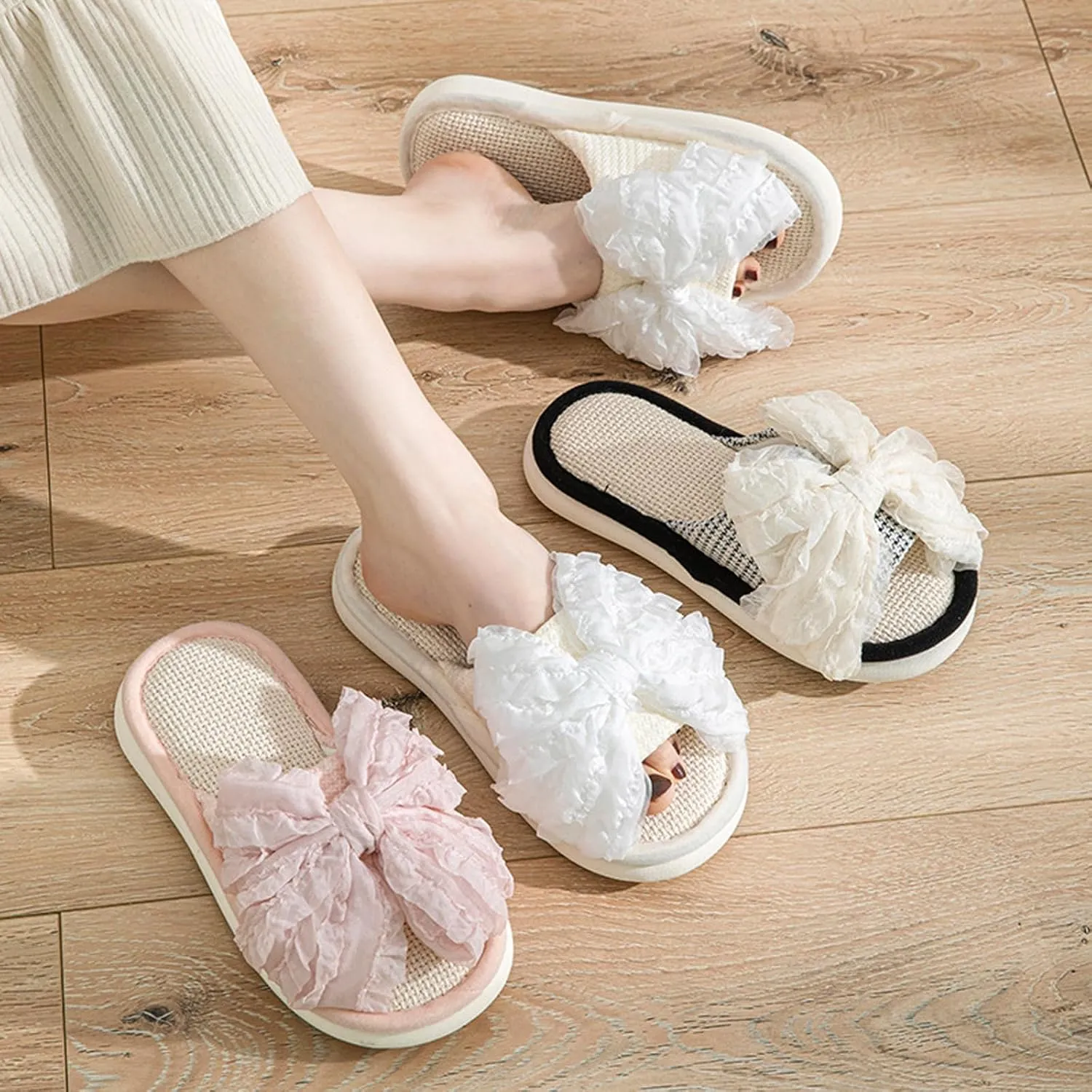 Women's Summer Linen Bow Slippers, Breathable Open-Toe Indoor Home Slides, Memory Foam Flat Sandals, Cute Bow Slip on Slippers, Fashionable Round Toe House Shoes