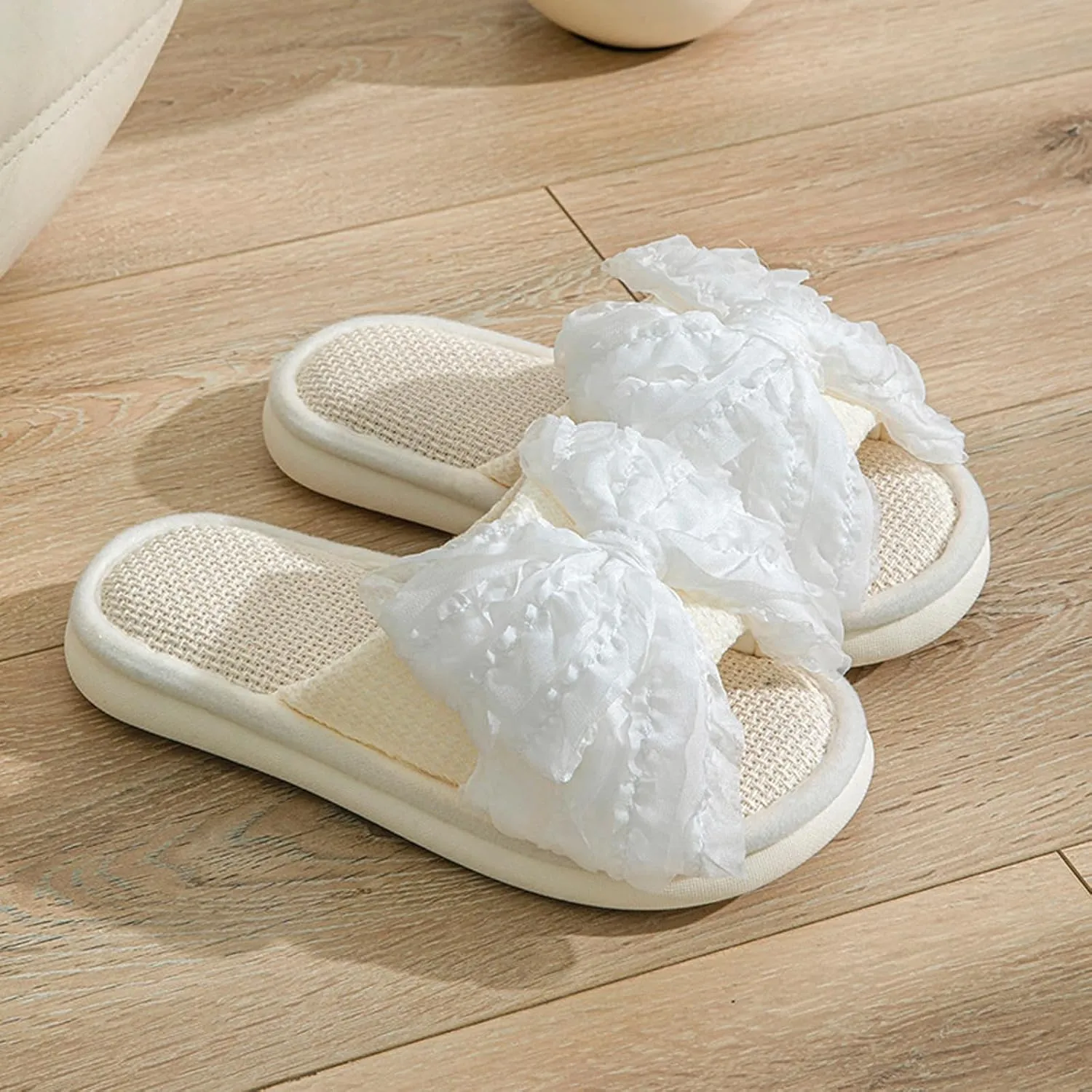 Women's Summer Linen Bow Slippers, Breathable Open-Toe Indoor Home Slides, Memory Foam Flat Sandals, Cute Bow Slip on Slippers, Fashionable Round Toe House Shoes