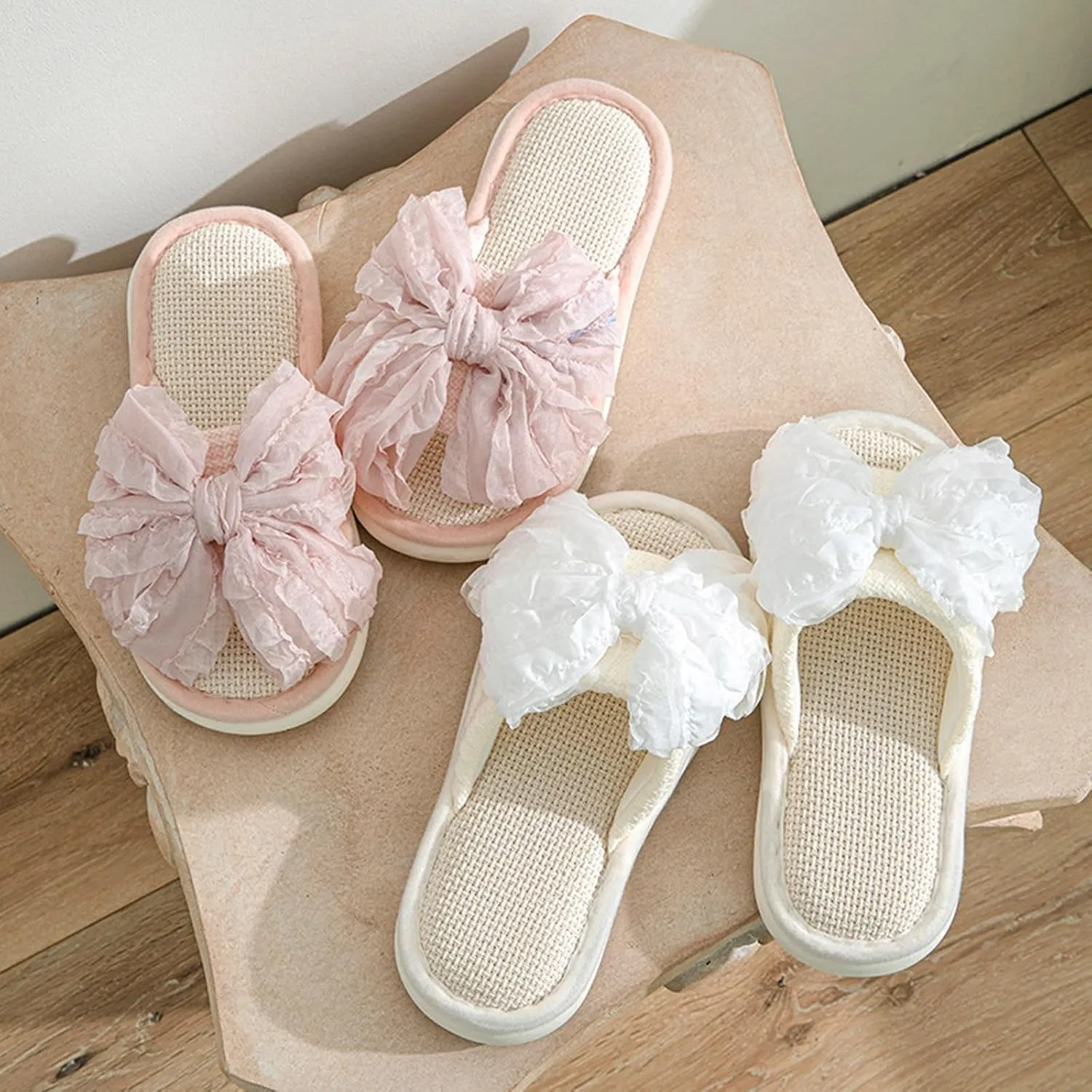 Women's Summer Linen Bow Slippers, Breathable Open-Toe Indoor Home Slides, Memory Foam Flat Sandals, Cute Bow Slip on Slippers, Fashionable Round Toe House Shoes