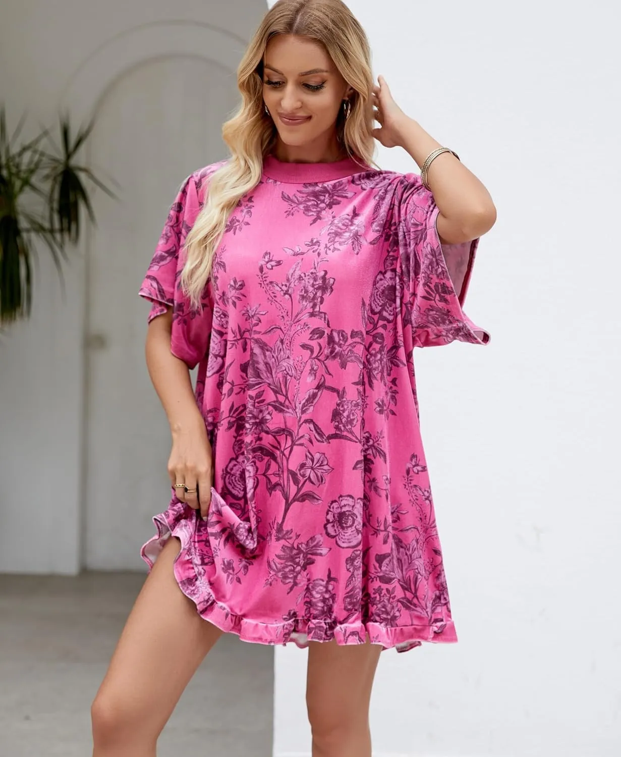 Women's Vintage Velvet Dress Round Neck Short Sleeve Floral Printed Mini Flowy Dress