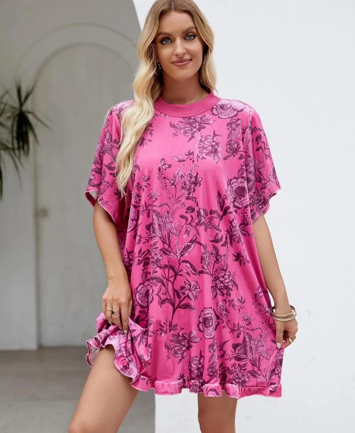 Women's Vintage Velvet Dress Round Neck Short Sleeve Floral Printed Mini Flowy Dress